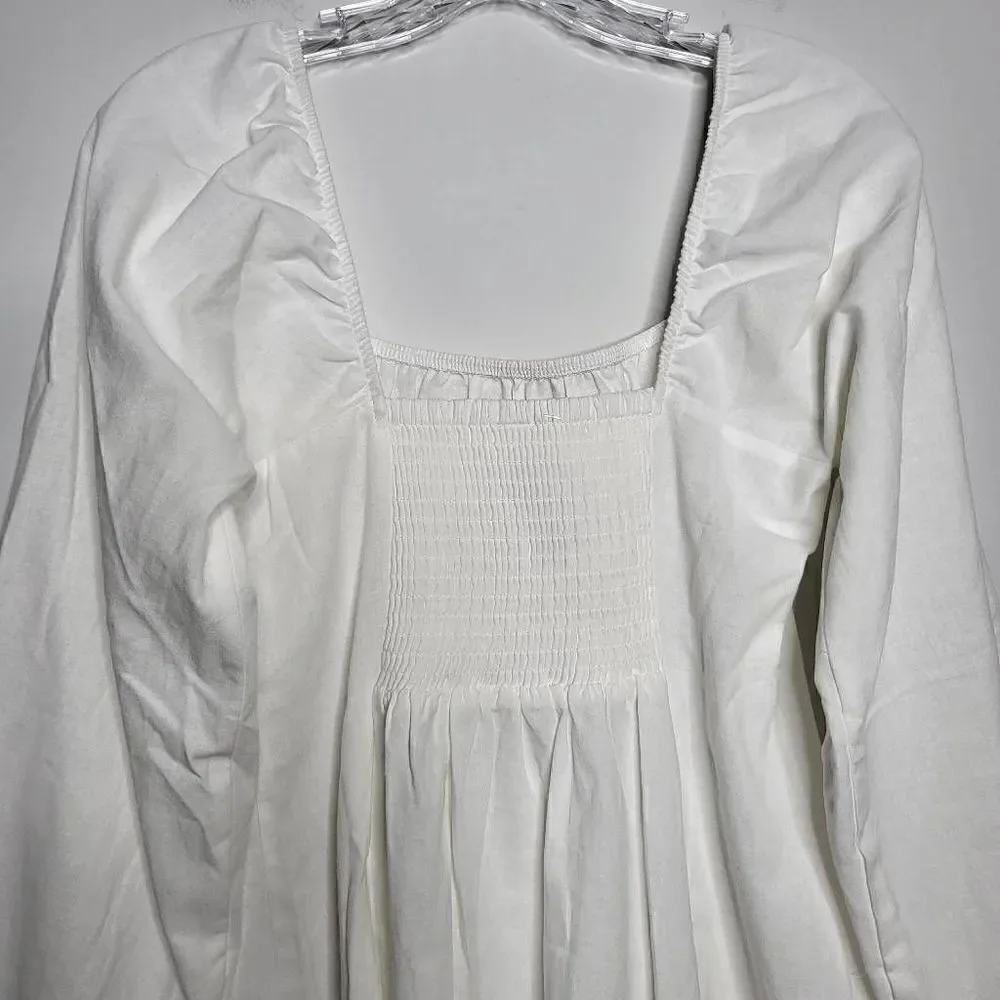 NEW Free People Square Neck Balloon Sleeves Cotton/Linen White Mini Dress Sz S
